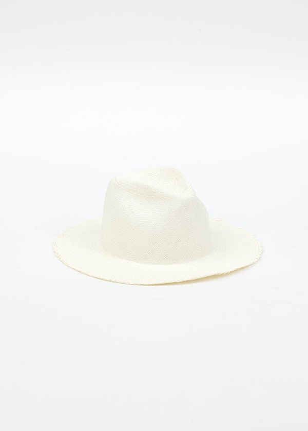 3/4 angle of white fringed panama hat