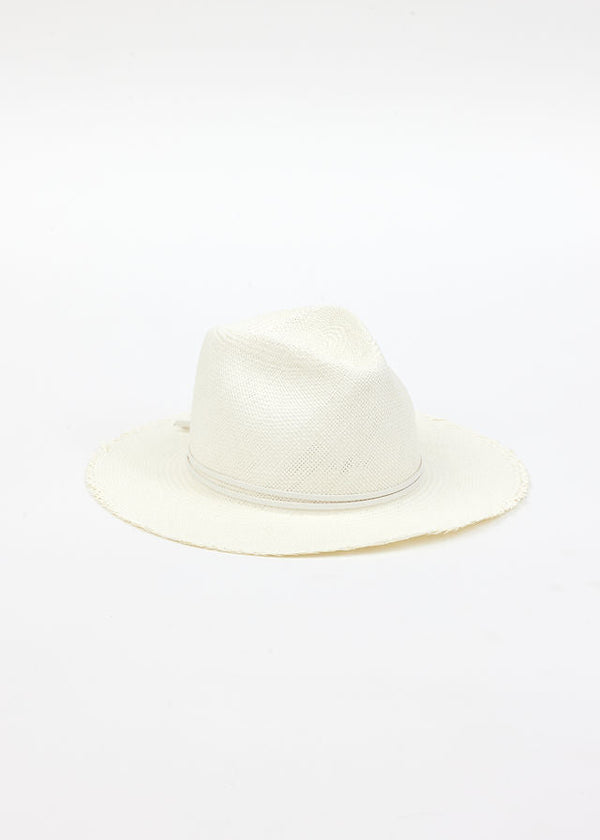 white fringed panama hat with white trim