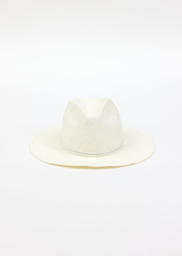 front of white fringed panama hat with white trim