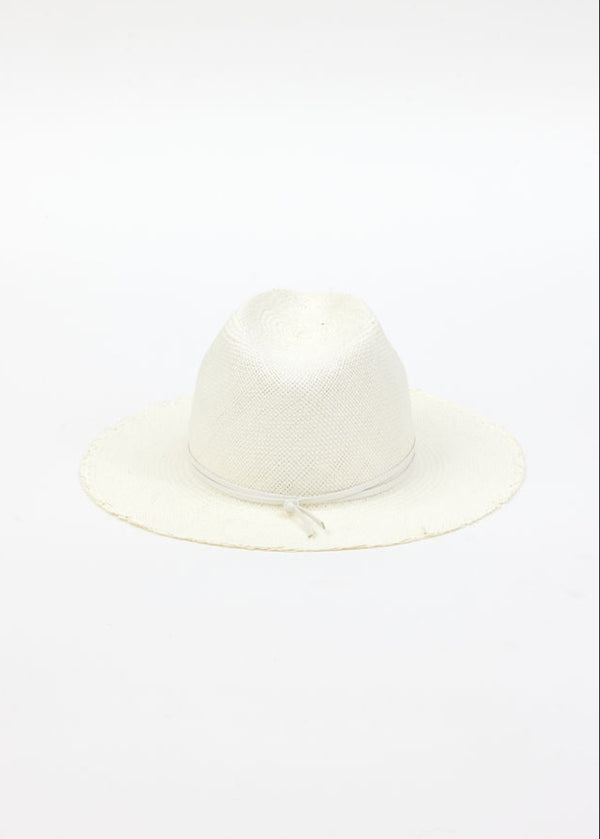 back of white fringed panama hat with white fringe