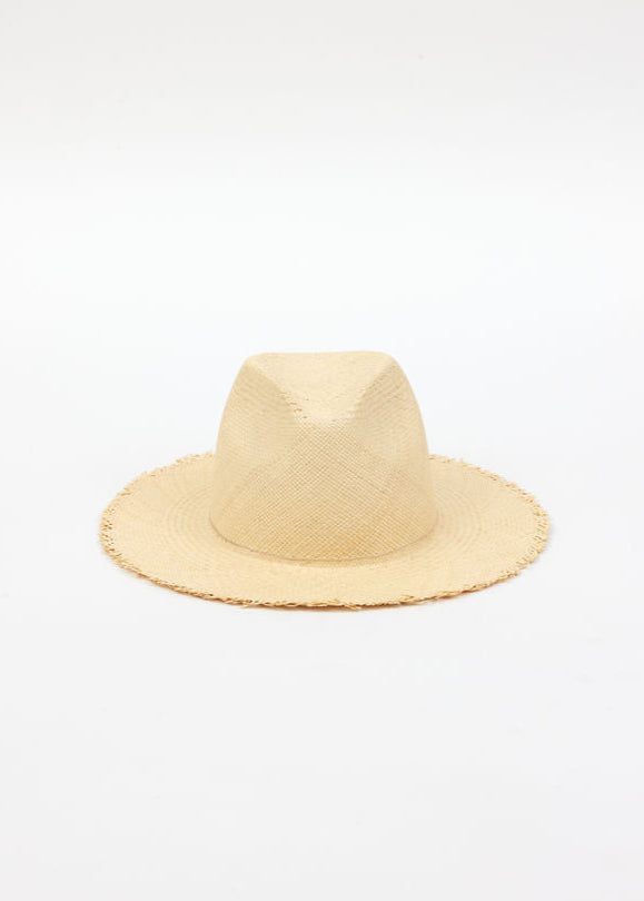 front of light tan fringed panama hat