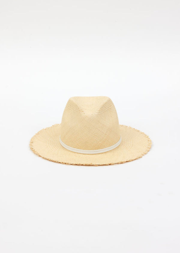 front of natural fringed panama hat with white trim