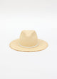 front of natural fringed panama hat with white trim