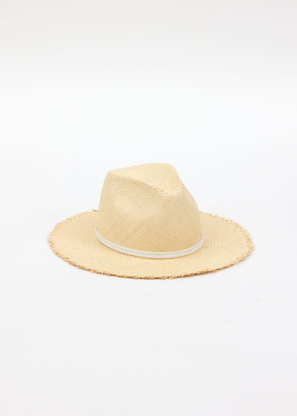 natural fringed panama hat with white trim