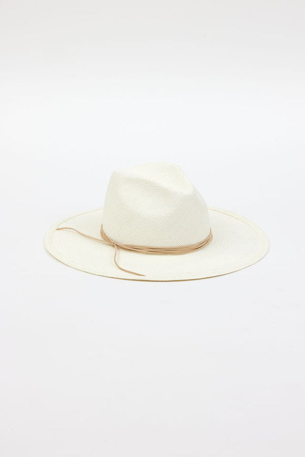 white brimmed hat with light tan trim