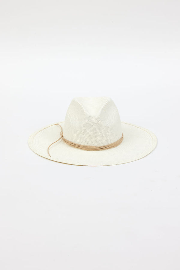 front of white brimmed hat with light tan trim