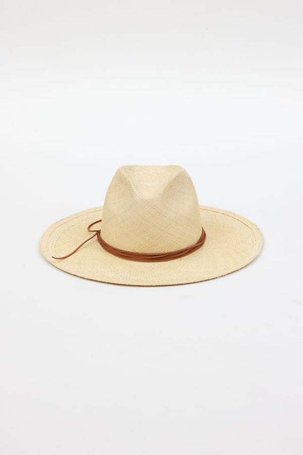 front of light tan brimmed hat with brown trim