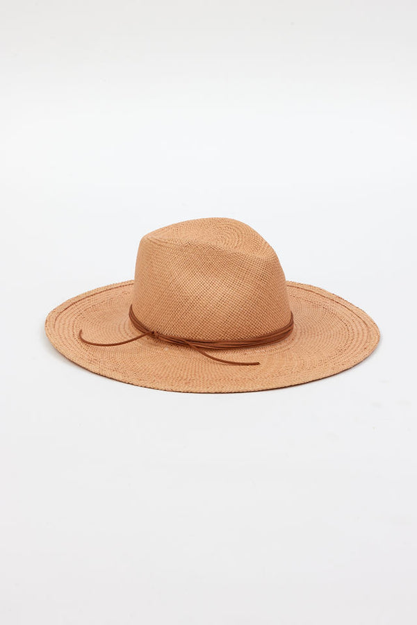 pecan brown brimmed hat with brown trim