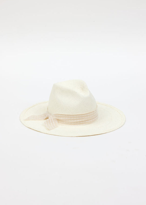 white panama hat with tan dotted stripe trim