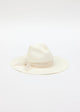 white panama hat with tan dotted stripe trim