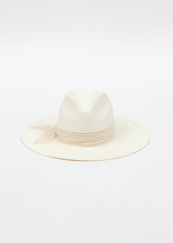 front of white panama hat with tan dotted stripe trim