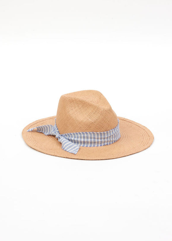 pecan brown panama hat with chambray stripe trim