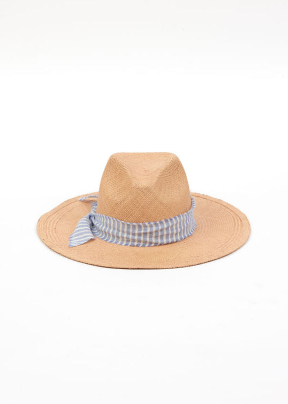 front of pecan brown panama hat with chambray stripe trim