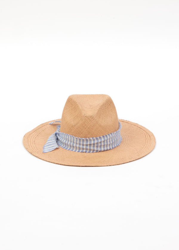 front of pecan brown panama hat with chambray stripe trim