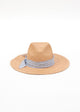 front of pecan brown panama hat with chambray stripe trim