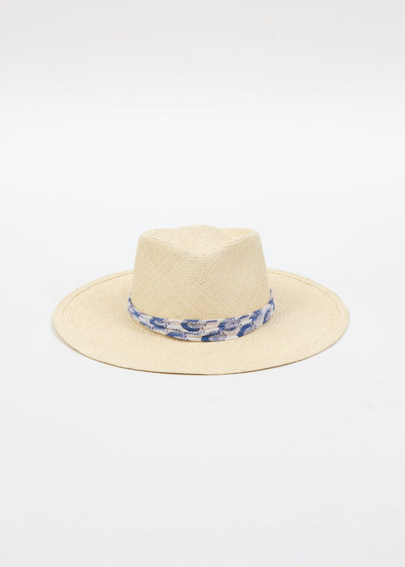 Front of panama hat with blue and white trim