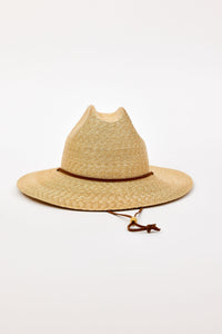 Beige straw hat with a brown band and chinstrap on a white background