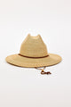 Beige straw hat with a brown band and chinstrap on a white background