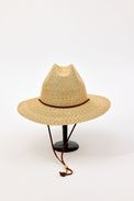 Straw hat with a brown band on a white background