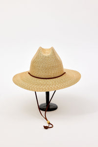 Straw hat with a brown band on a white background