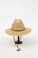 Straw hat with a brown band on a white background
