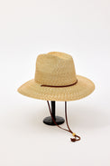 Straw hat with a brown band on a white background