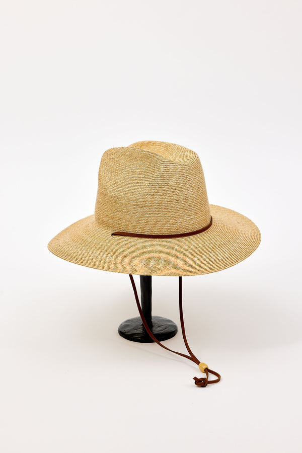 Straw hat with a brown band on a white background
