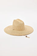 Beige straw hat with a chinstrap on a white background