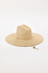 Beige straw hat with a chinstrap on a white background