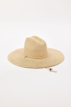 Beige straw hat with a chinstrap on a white background