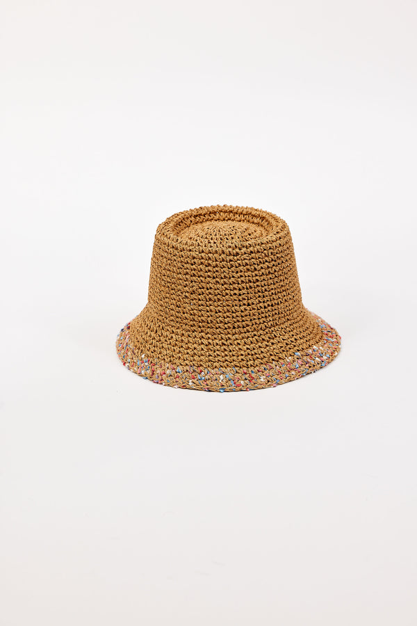 Brown woven bucket hat with colorful trim on a white background