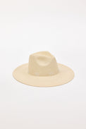 Straw sunhat with a white stitch detail on a light gray background