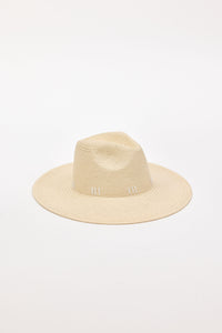 Straw sunhat with a white stitch detail on a light gray background