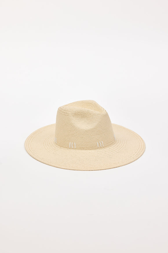 Straw sunhat with a white stitch detail on a light gray background