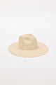 Straw sunhat with a white stitch detail on a light gray background