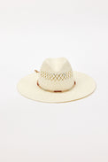 Beige straw hat with a wide brim on a white background