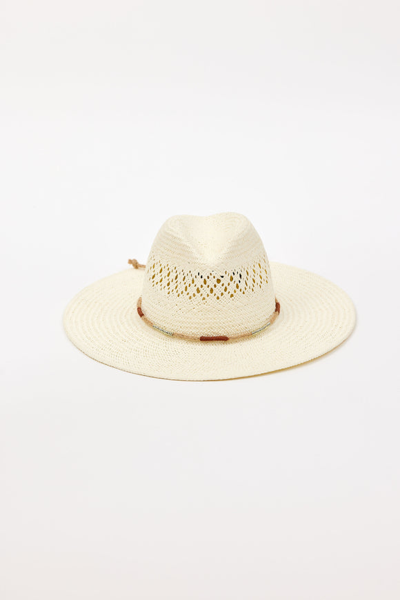 Beige straw hat with a wide brim on a white background