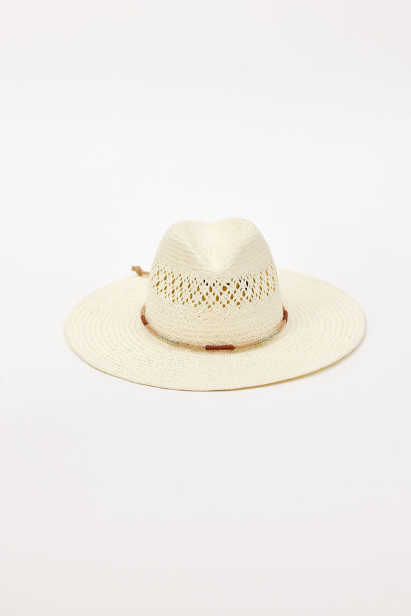 Beige straw hat with a wide brim on a white background