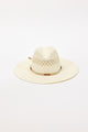 Beige straw hat with a wide brim on a white background