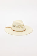Beige straw hat with a jute trim on a white background