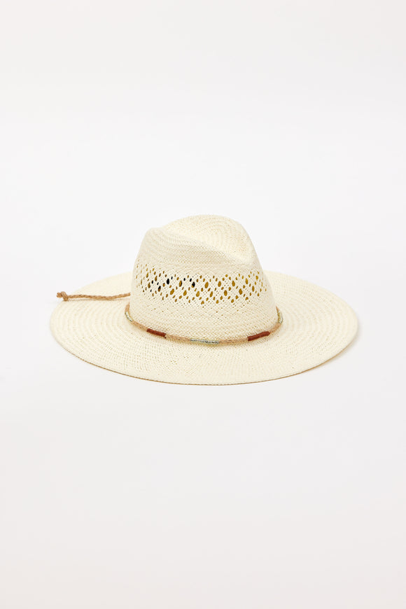 Beige straw hat with a jute trim on a white background