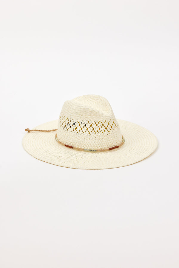 Beige straw hat with a jute trim on a white background