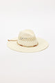 Beige straw hat with a jute trim on a white background