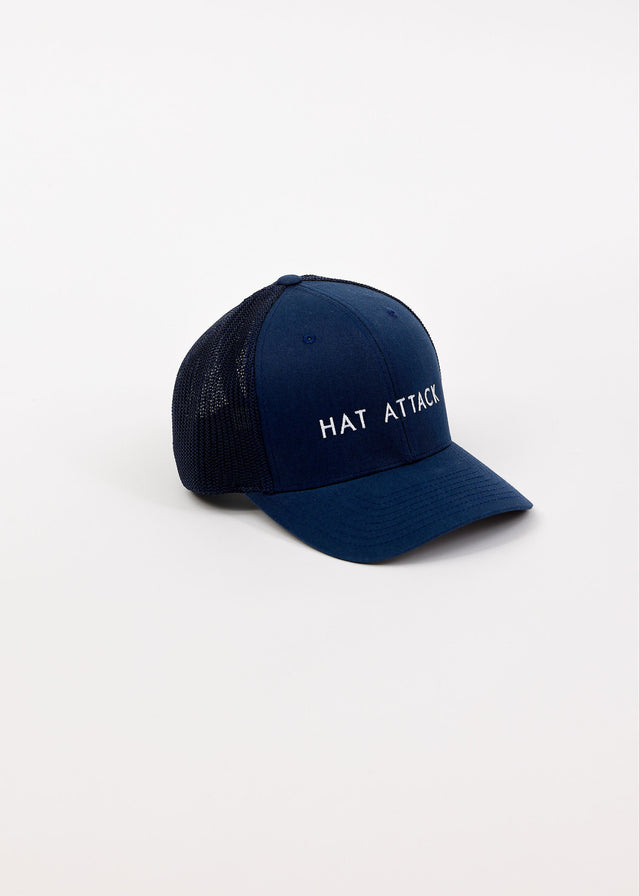 3/4 angle of navy logo cap
