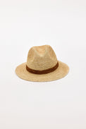 Straw hat with a brown band on a white background