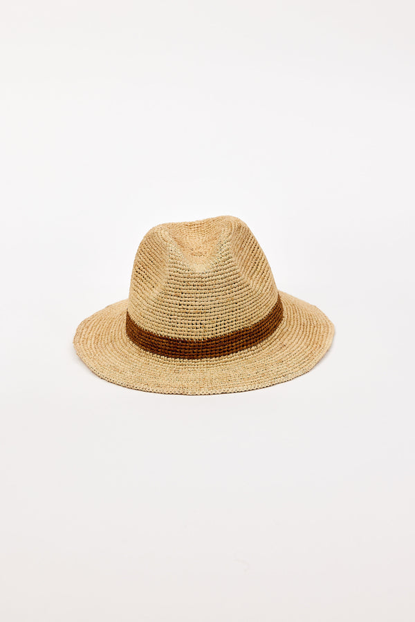 Straw hat with a brown band on a white background