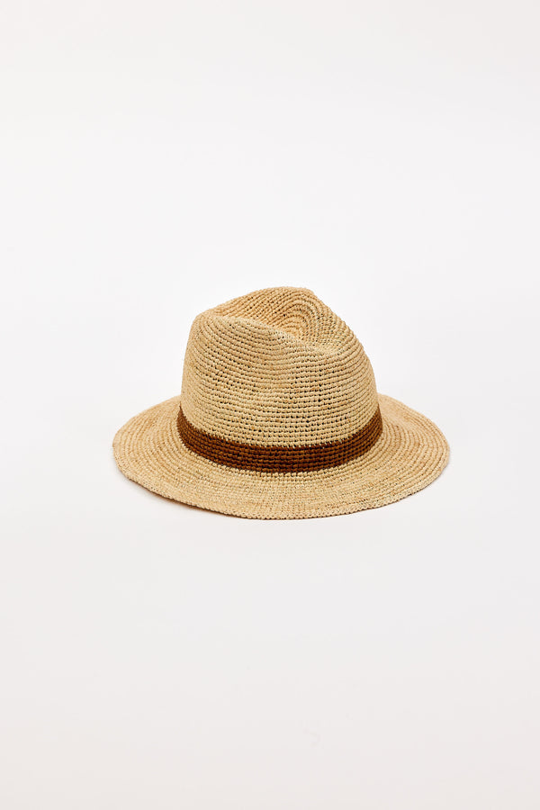 Beige straw hat with a brown band on a white background