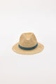 Straw hat with a blue band on a light beige background