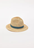 Beige straw hat with a blue band on a white background