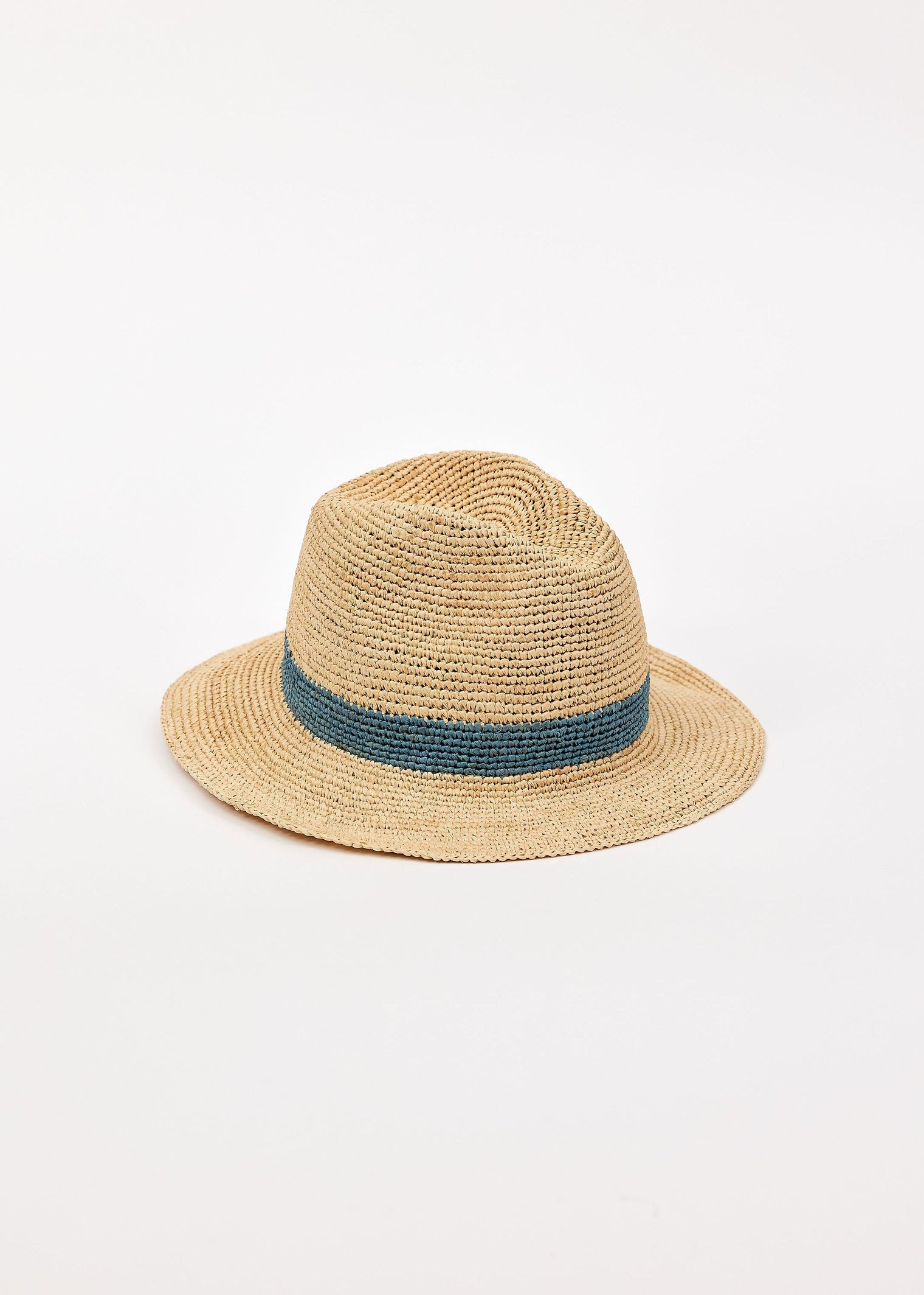 Beige straw hat with a blue band on a white background